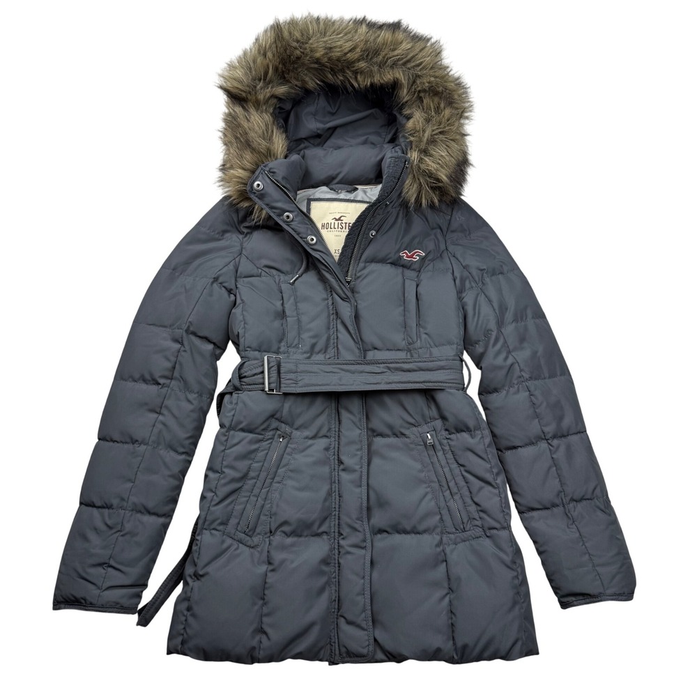 VTG Y2K Hollister California Down Puffer Parka Jacket Faux Fur Belted Gray XS
